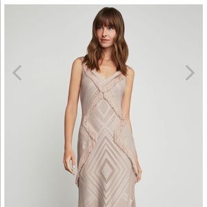 BCBG Maxazaria trimmed- fringe gown. Tan